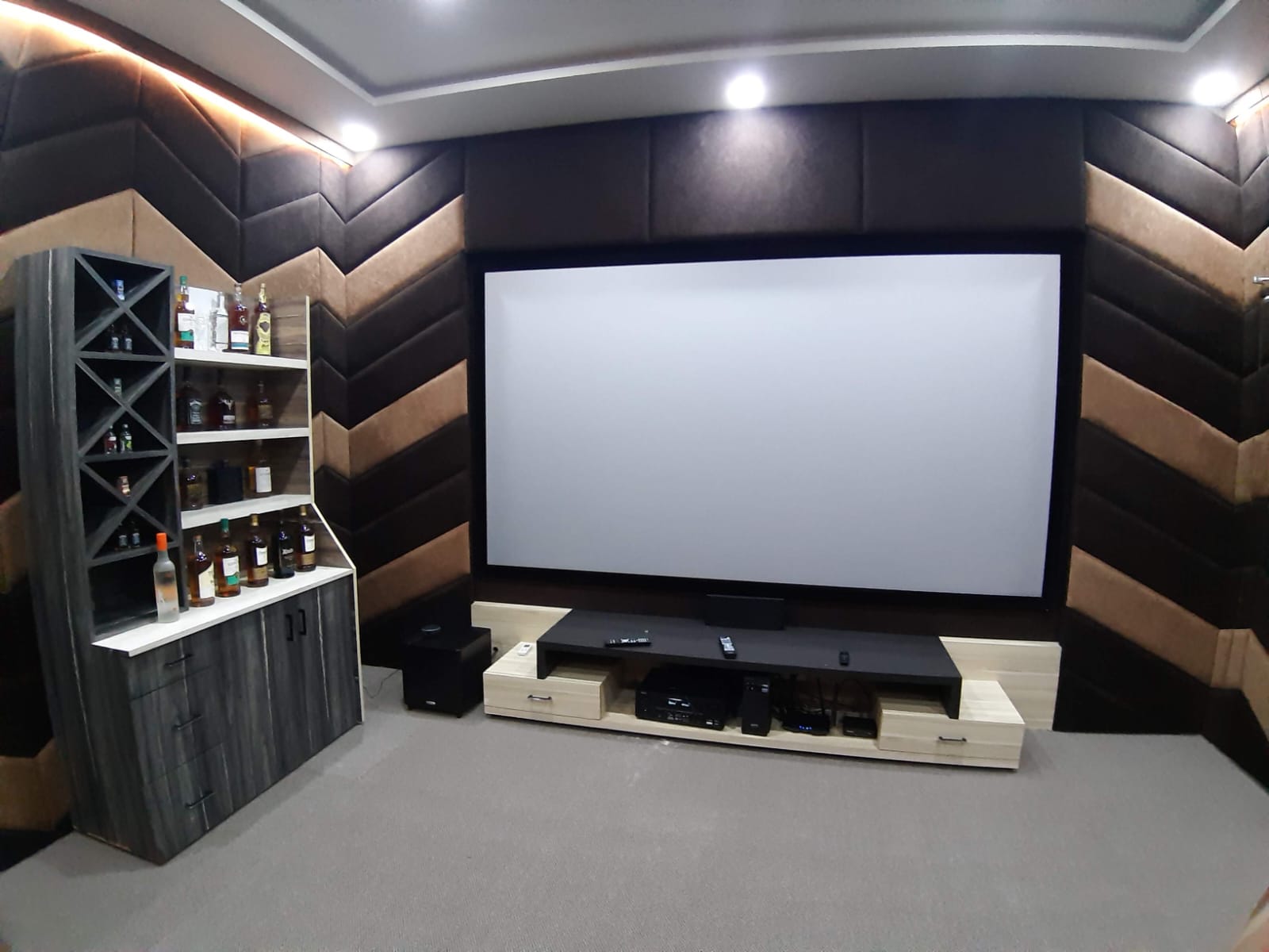 Completed home cinema with acoustic wall treatment