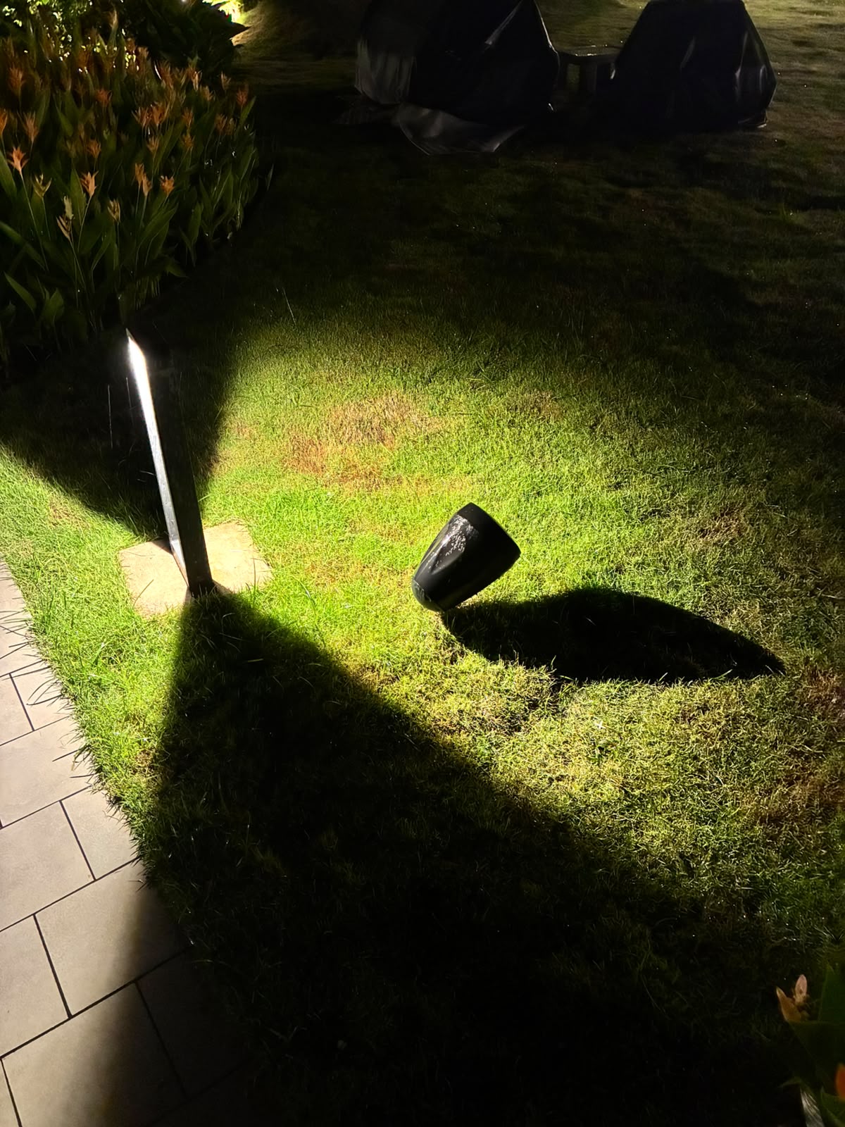 Outdoor landscape speaker and architectural garden lighting installation
